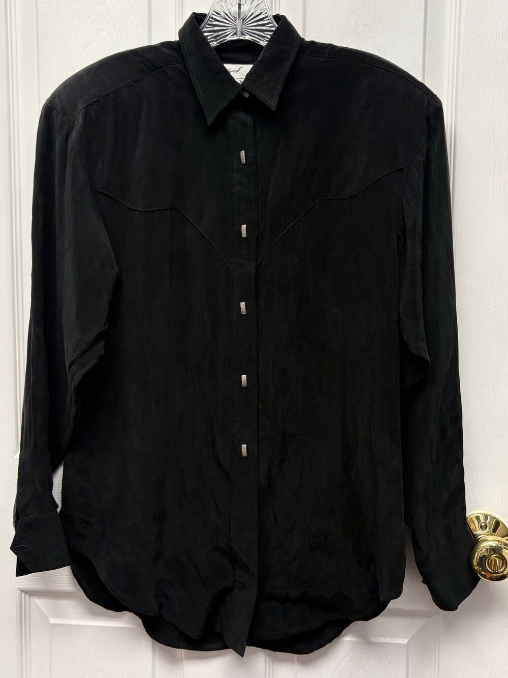 Longhorn Shirt Vintage Western Black Silver Buttons Shoulder Pads Womens S USA